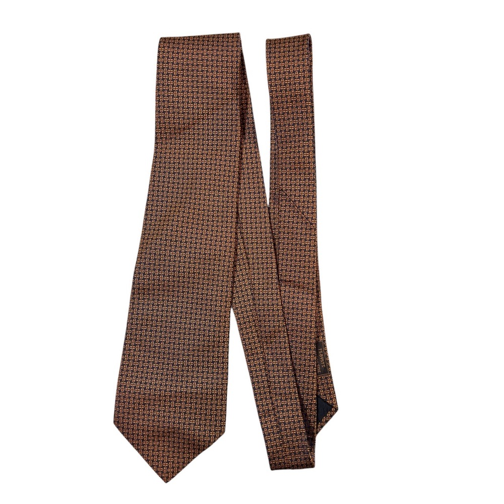 Hermès Paris Tie 100% Silk Made in France Geometric Chain Pattern Orange